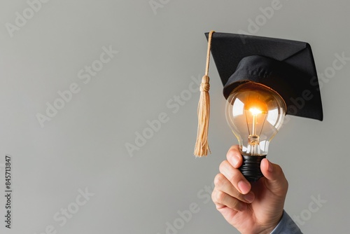 Person holding light bulb with graduation cap photo
