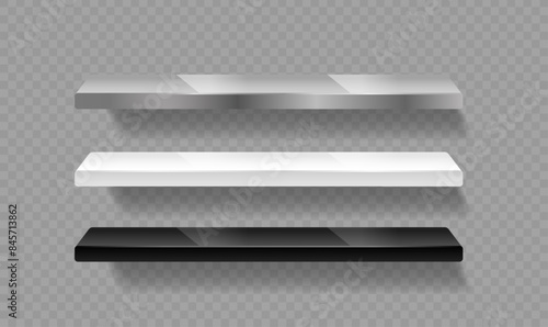 Three Floating Shelves In Silver, White, And Black. Each Shelf Has A Minimalist Design On Transparent Background