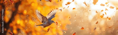 Bird flying through the air with lots of leaves