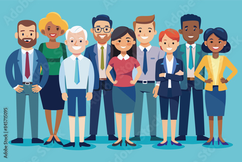 A group of diverse business professionals, both male and female, stand together in front of a light blue background. They are all wearing professional attire and smiling.