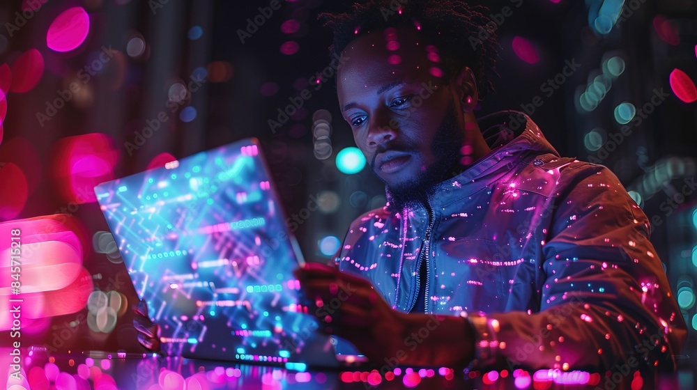 Future technology Man utilizing laptop and digital tablet with connectivity to the internet and computer code Future technology Man utilizing laptop and digital tablet with connectivity to the internet and computer code