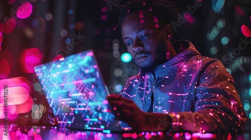 Future technology Man utilizing laptop and digital tablet with connectivity to the internet and computer code