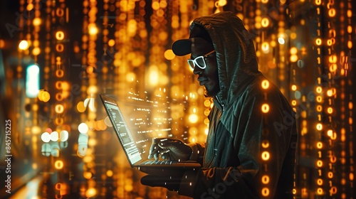 Future technology Man utilizing laptop and digital tablet with connectivity to the internet and computer code