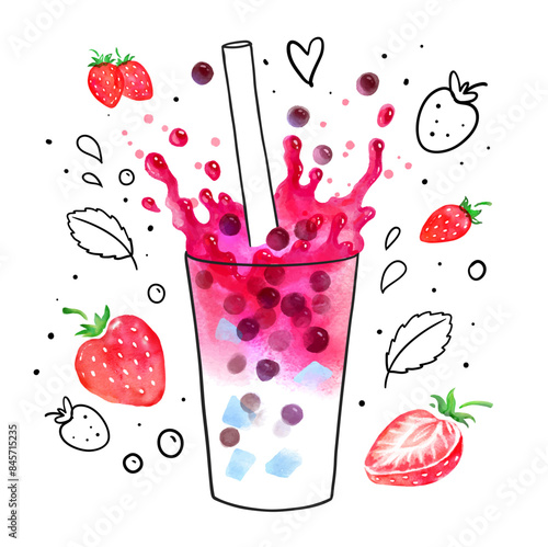 Strawberry Bubble Tea with splash crown hand drawn vector watercolor illustration with berries and line art doodles