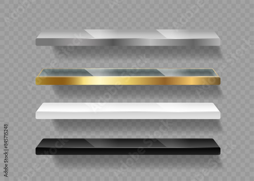 Set Of Four Modern Floating Shelves In Different Materials Including Metal, Glass, Wood, And Plastic For Home Or Office