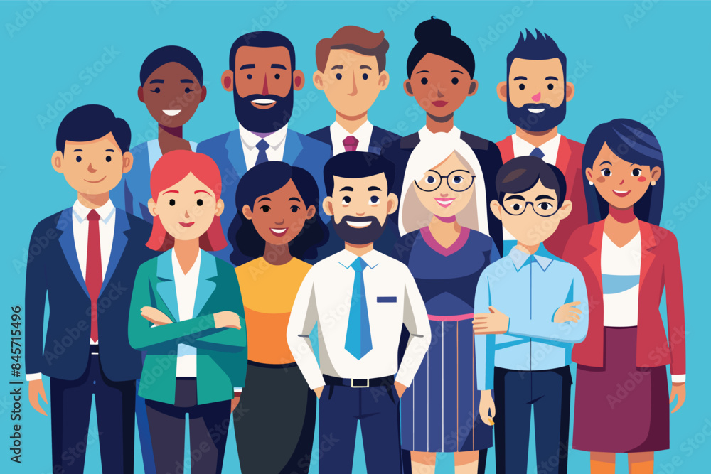 A diverse group of professionals, both male and female, stand together in a business setting. They are all smiling and appear to be happy and confident. A diverse group of professionals, both male and female, stand together in a business setting. They are all smiling and appear to be happy and confident.
