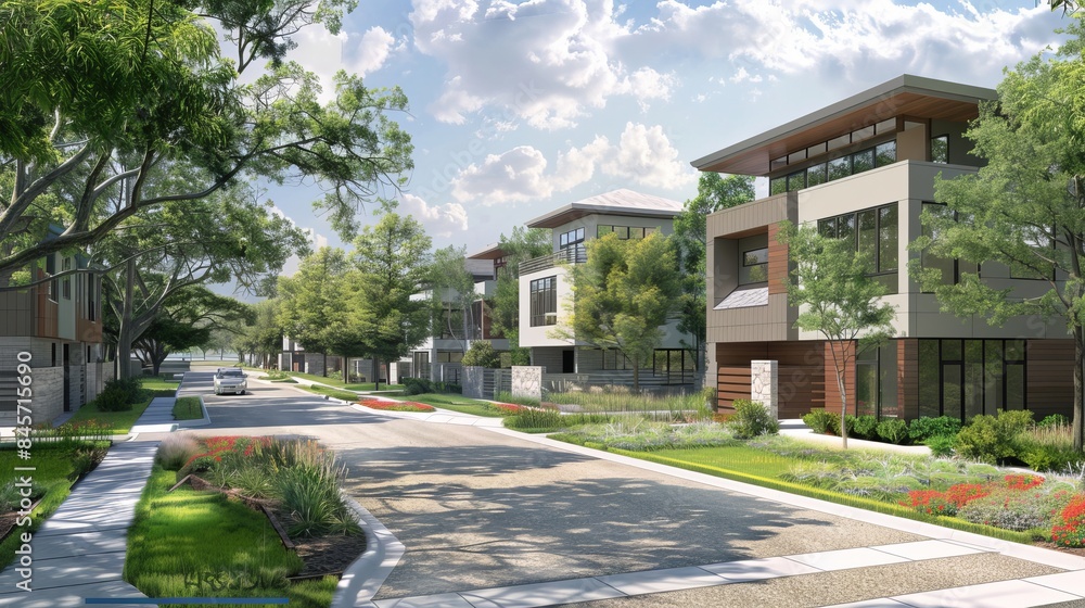 A recently constructed row of three-story single-family homes faces Panorama Park in Richardson, North Dallas. Modern urban housing design near a broad road with adjacent private courtyards A recently constructed row of three-story single-family homes faces Panorama Park in Richardson, North Dallas. Modern urban housing design near a broad road with adjacent private courtyards
