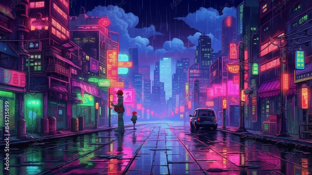 illustration night city in Japan, AI-generated illustration night city in Japan, AI-generated
