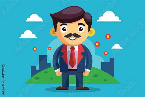 A cartoon man wearing a blue suit, red tie, and a mustache stands in front of a city skyline with a green hill in the foreground. He is smiling and looking forward with a confident expression.