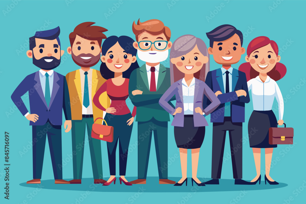 A cartoon illustration of a diverse group of business professionals standing together in a group, all smiling and looking confident. A cartoon illustration of a diverse group of business professionals standing together in a group, all smiling and looking confident.