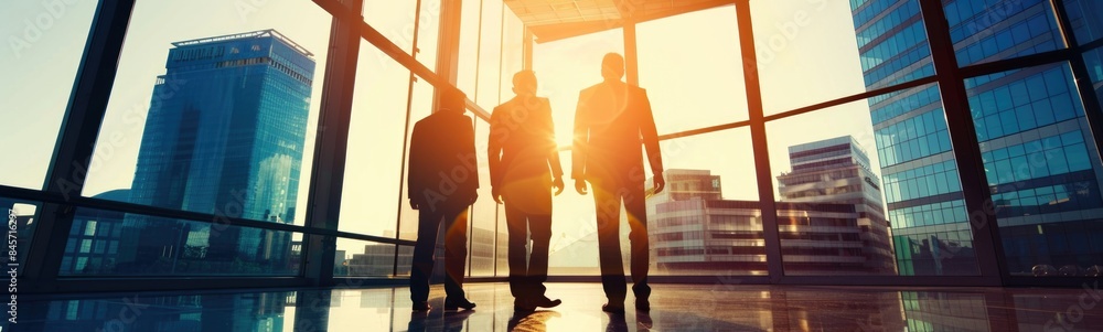 Businessmen standing in a large glass office building with city skylines Businessmen standing in a large glass office building with city skylines