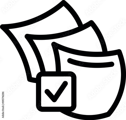 Minimalist icon of a check mark validating a stack of digital documents for business approval