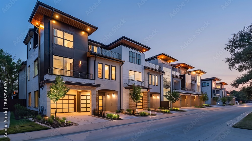 A recently constructed row of three-story single-family homes faces Panorama Park in Richardson, North Dallas. Modern urban housing design near a broad road with adjacent private courtyards A recently constructed row of three-story single-family homes faces Panorama Park in Richardson, North Dallas. Modern urban housing design near a broad road with adjacent private courtyards