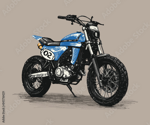 Fotografie Hand drawn illustration of a blue custom scrambler motorcycle standing in profil