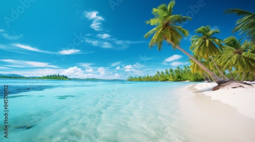 breathtaking tropical beach paradise, reminiscent of a postcard, with a serene ambiance, vibrant turquoise waters, and swaying palm trees casting dancing shadows on the soft sand.