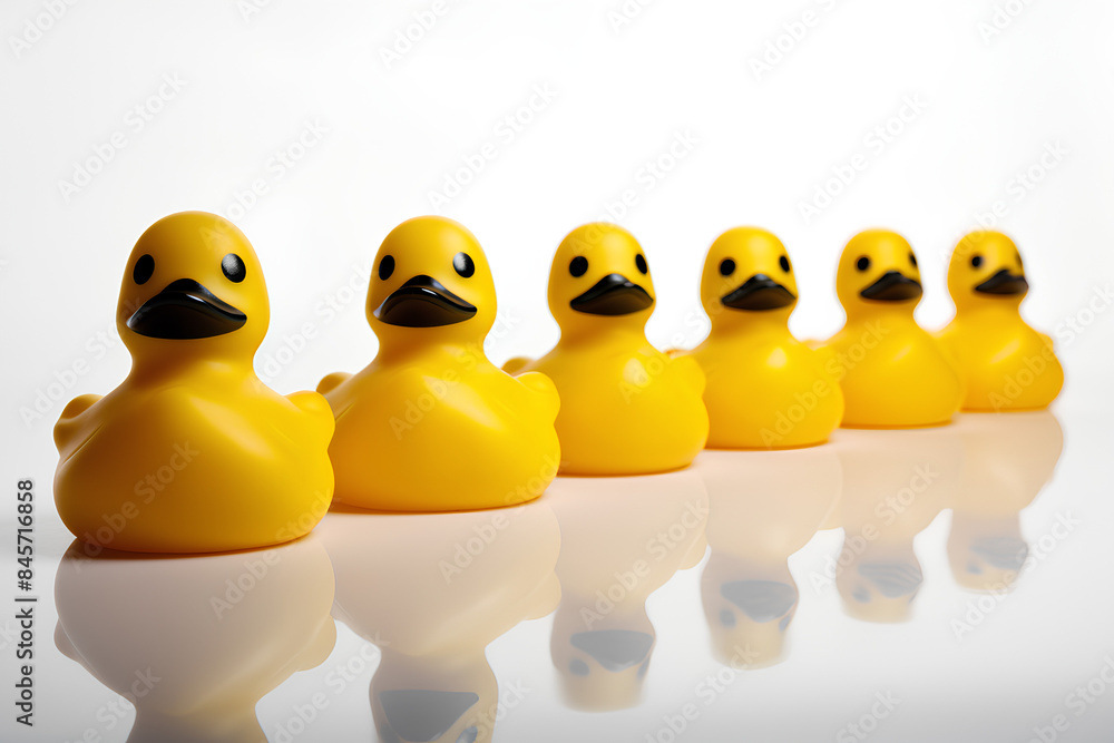 Black rubber ducks in a row of yellow rubber ducks, white background Black rubber ducks in a row of yellow rubber ducks, white background
