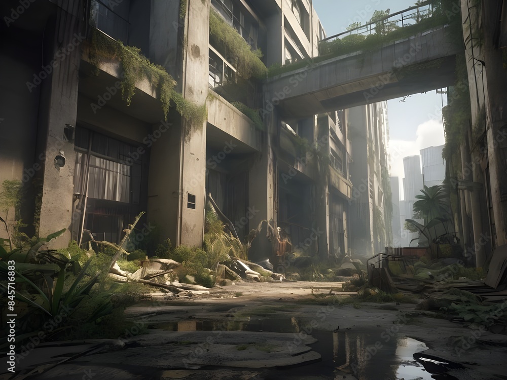 Post-apocalyptic city overrun by nature, with crumbling buildings, overgrown vegetation, and wildlife reclaiming the area.