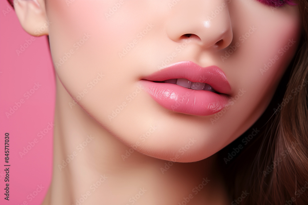 Woman with pink lips on pink background Woman with pink lips on pink background