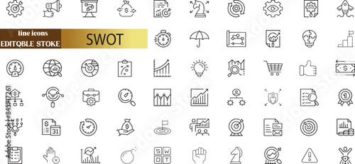 SWOT analysis of strengths, weaknesses, opportunities and threats editable stroke outline icons