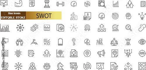 SWOT analysis of strengths, weaknesses, opportunities and threats editable stroke outline icons