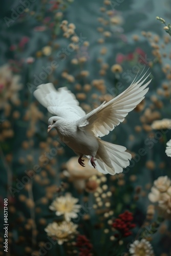 A white bird soars above a lush field of colorful flowers  providing a serene and peaceful scene