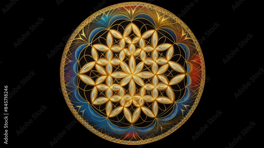 Golden Flower of Life Mandala Geometric Pattern Sacred Geometry on Black Background Golden Flower of Life Mandala Geometric Pattern Sacred Geometry on Black Background