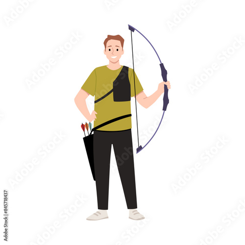 Man holds a bow in one hand, a quiver of arrows hangs from his belt.