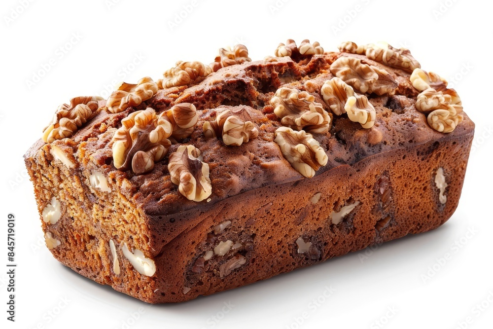A walnut banana bread with a golden crust, white background A walnut banana bread with a golden crust, white background
