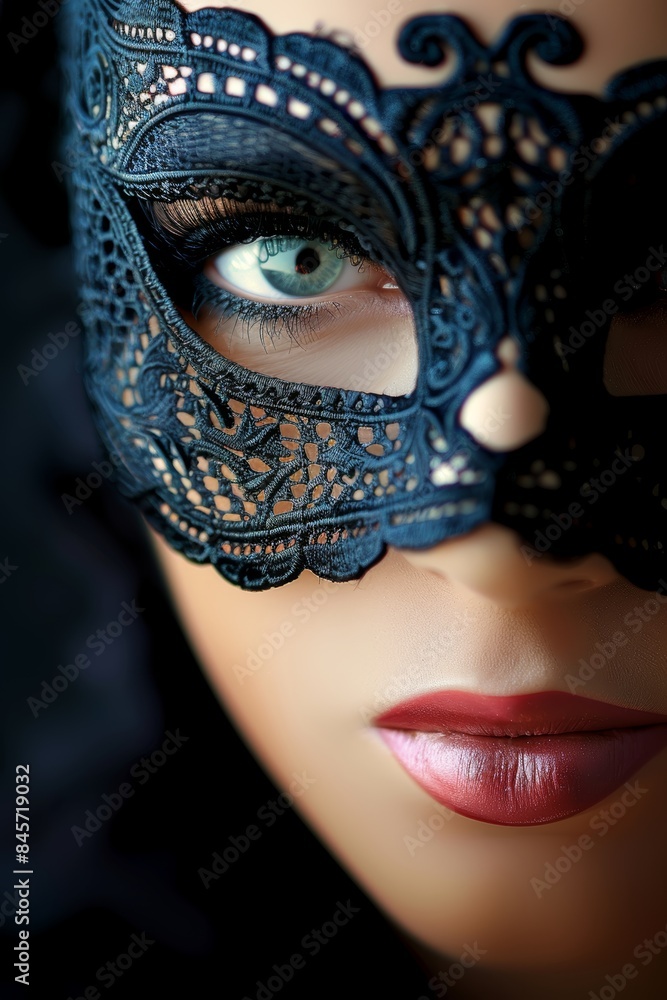 Fototapeta premium Close up of intriguing young woman in elegant black lace mask against dark backdrop