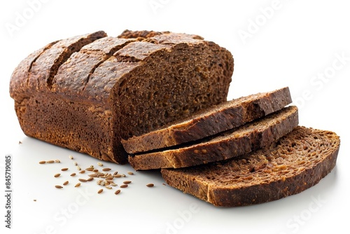 Freshly baked whole grain bread sliced on a white background. Perfect for healthy eating and bakery-related concepts, white background