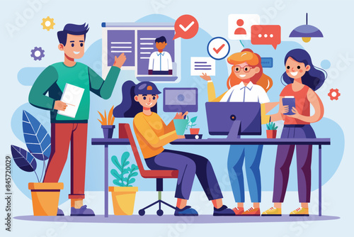 An illustration depicts a team of four diverse individuals working together in a modern office setting. They use computers, tablets, and whiteboards to collaborate effectively.