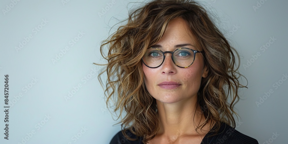this stunning businesswoman is a middle aged woman who wears eyeglasses and stands over an isolated white background looking to the side in a relaxed profile pose with a smile that is both natural this stunning businesswoman is a middle aged woman who wears eyeglasses and stands over an isolated white background looking to the side in a relaxed profile pose with a smile that is both natural