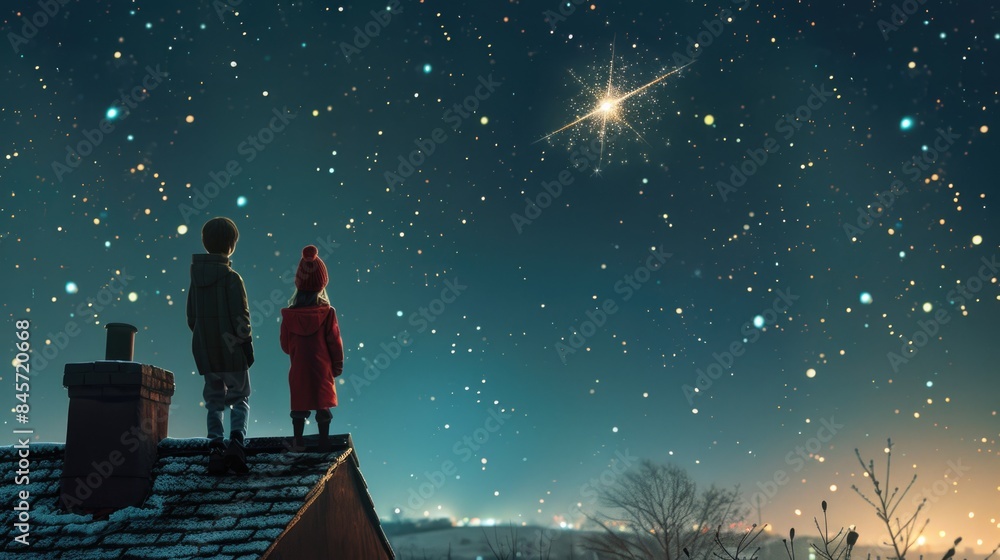 Obraz premium Two kids enjoying a clear night sky and contemplating the mysteries of the universe from their rooftop vantage point