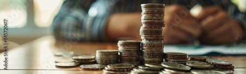 Stack of coins sitting on a table with a person in the background, debt business background
 photo