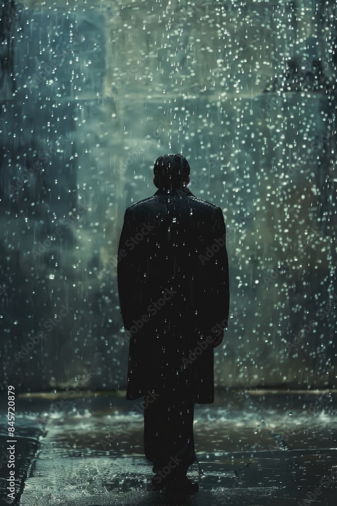 A person standing under an awning in front of a building during rainy weather A person standing under an awning in front of a building during rainy weather