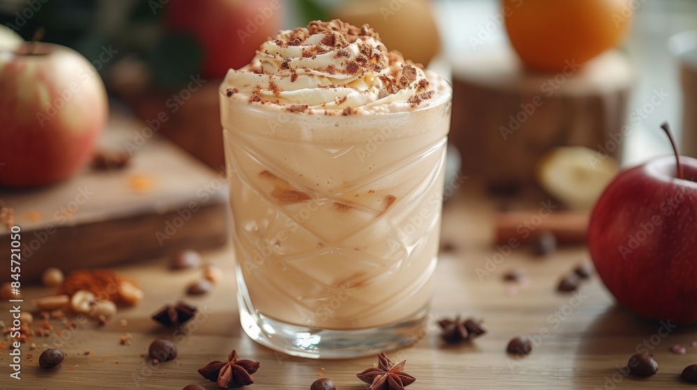 a sparkling apple smoothie at a clean and minimalistic coffee store, white background, luxurious offering, nicely decorated drink a sparkling apple smoothie at a clean and minimalistic coffee store, white background, luxurious offering, nicely decorated drink