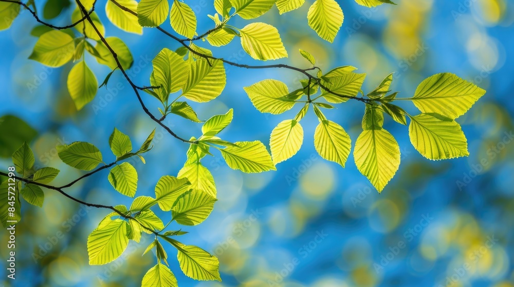 Close-up photo of a tree branch with green leaves
