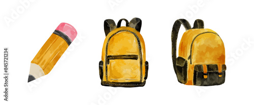 Watercolor pencil, black and yellow backpacks clipart vector illustration isolated on white background, back to school collection