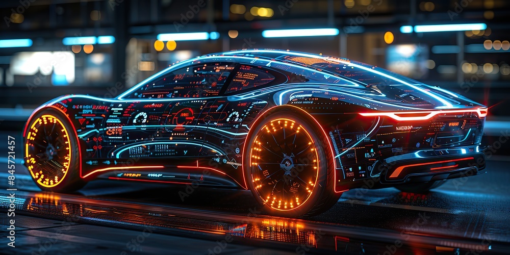 a holographic display depicted a realistic car with options parameters and settings similar to a head up display a user interface or a gui of a car hud style car interface smart panel with car a holographic display depicted a realistic car with options parameters and settings similar to a head up display a user interface or a gui of a car hud style car interface smart panel with car