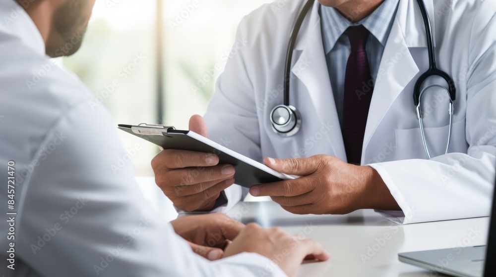 doctor and patient sitting across from each other at a desk, the doctor holding a digital tablet and gesturing towards the screen while discussing the patient's medical history. doctor and patient sitting across from each other at a desk, the doctor holding a digital tablet and gesturing towards the screen while discussing the patient's medical history.