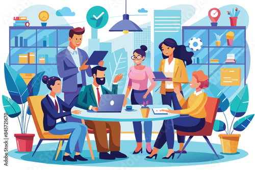 An illustration depicts a group of five office workers collaborating during a meeting in a modern office setting.