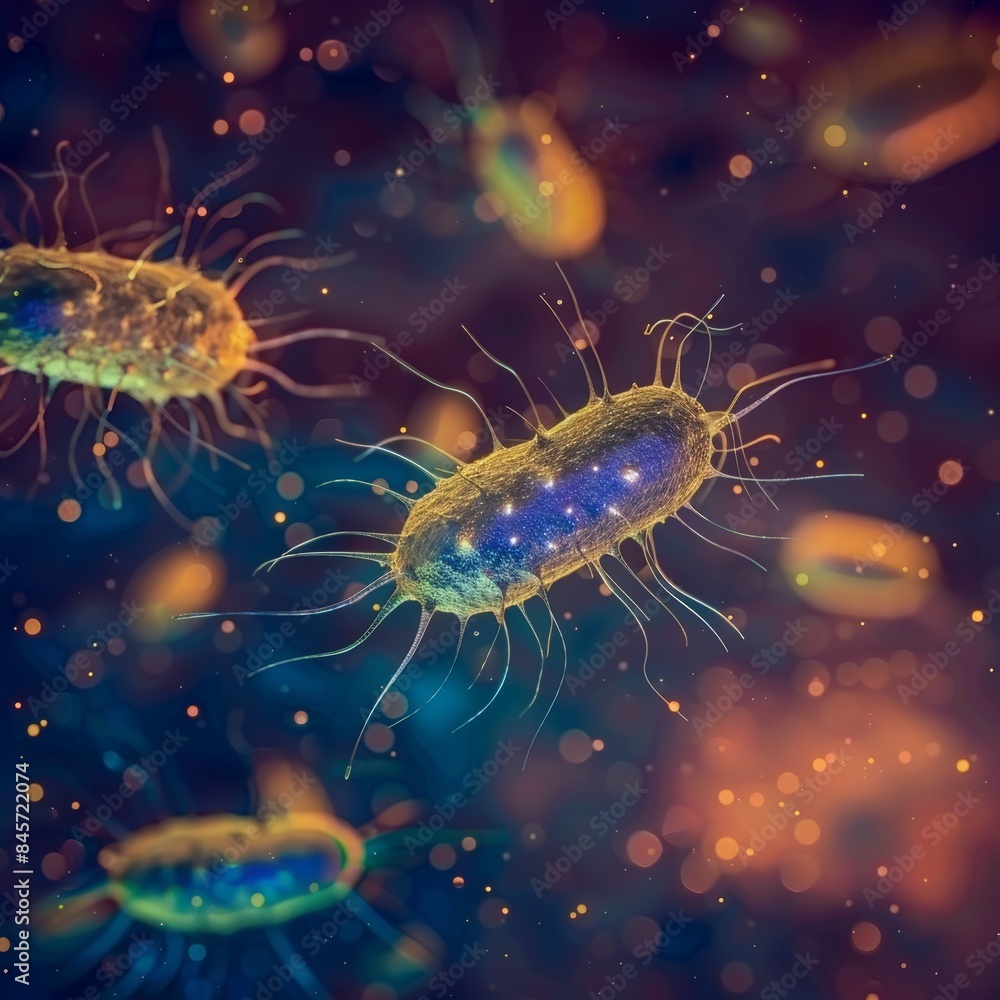 Fototapeta premium Close up view of bacteria and virus cells in laboratory setting with vibrant blurred background