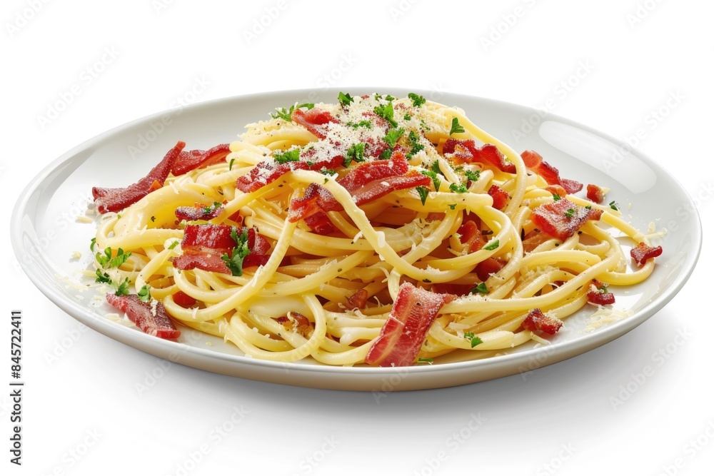 A delicious plate of pasta topped with crispy bacon and melted parmesan cheese A delicious plate of pasta topped with crispy bacon and melted parmesan cheese