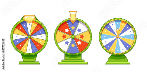 Set Of Three Colorful Wheel Of Fortune Games Featuring Vibrant Patterns, Arrows, And Symbols. Lucky Wheels