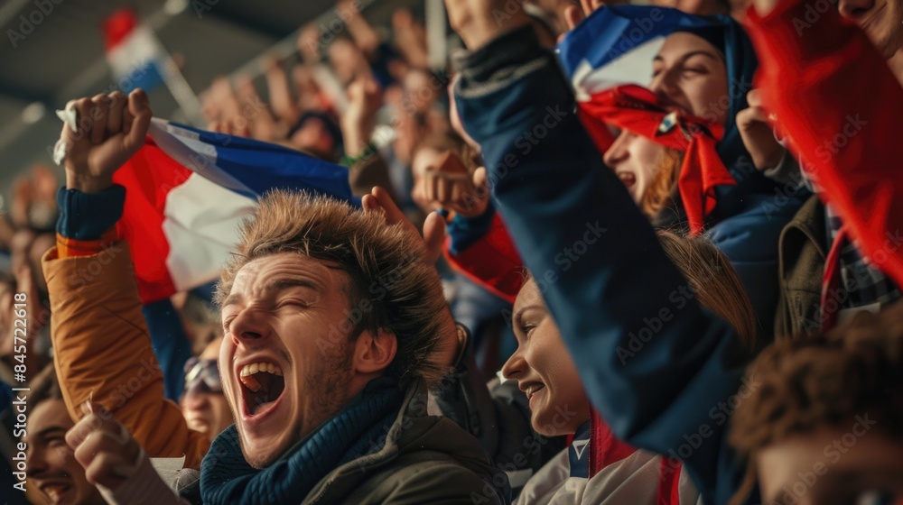 A group of people united in a moment of collective enthusiasm, often seen at music festivals or sports events A group of people united in a moment of collective enthusiasm, often seen at music festivals or sports events