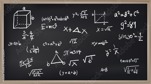Vector illustration of chalkboard and math formulas on chalkboard. Numbers. Calculation. Teaching math on chalkboard. Chalkboard.