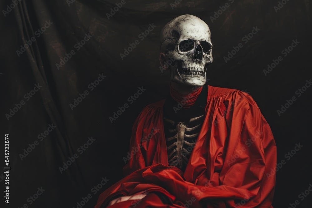 A skeleton dressed in a red robe stands out against a dark, mysterious backdrop A skeleton dressed in a red robe stands out against a dark, mysterious backdrop