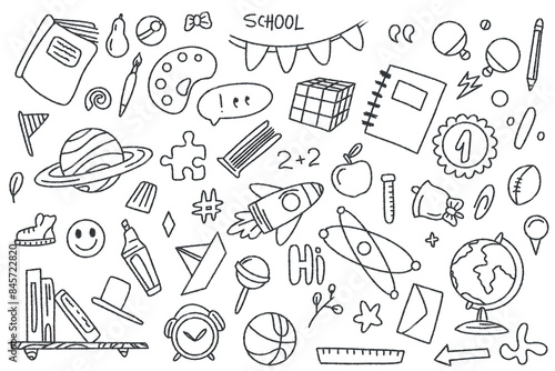 Set of doodle elements back to school. White student stationery on a dark background.  School and Education supplies in sketch style. Vector graphics