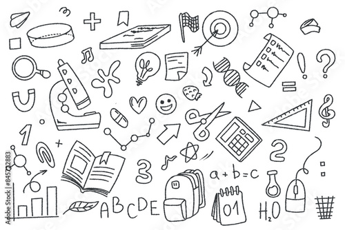 Set of doodle elements back to school. White student stationery on a dark background.  School and Education supplies in sketch style. Vector graphics