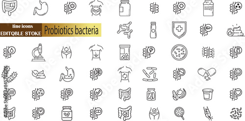 Probiotics bacteria, microbes, infection and pathogen cells concept editable stroke outline icon 
